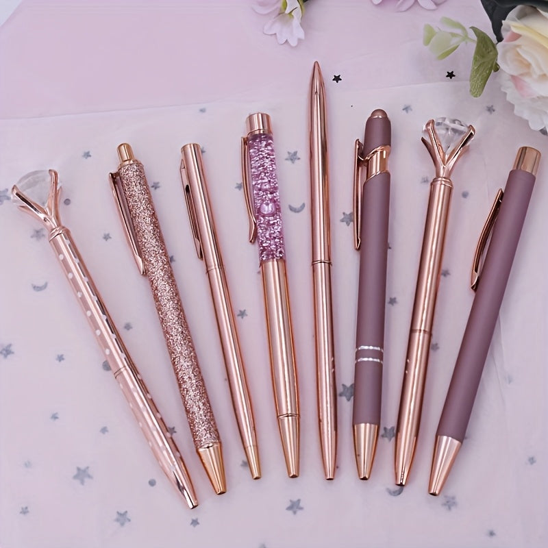 8pcs, 8pcs Rose Golden Metal Pen Set - Fashionable Metal Pens with Crystal Color Decoration