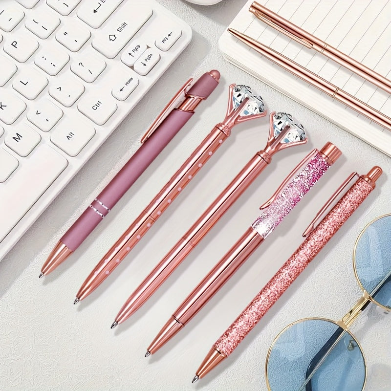 8pcs, 8pcs Rose Golden Metal Pen Set - Fashionable Metal Pens with Crystal Color Decoration