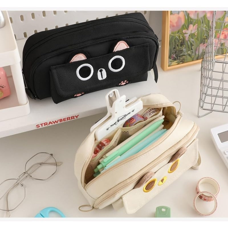 2025 Kitty Cat Pencil Pen Pouch 4Layers Extra Capacity Cosmetic Organizer Pen Brush Holder Mesh Pockets 4 Layers Pink