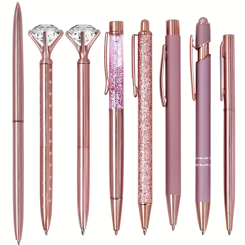 8pcs, 8pcs Rose Golden Metal Pen Set - Fashionable Metal Pens with Crystal Color Decoration