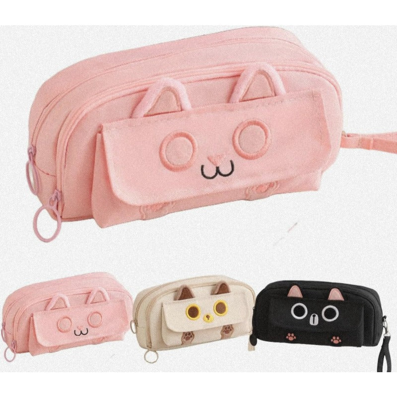 2025 Kitty Cat Pencil Pen Pouch 4Layers Extra Capacity Cosmetic Organizer Pen Brush Holder Mesh Pockets 4 Layers Pink