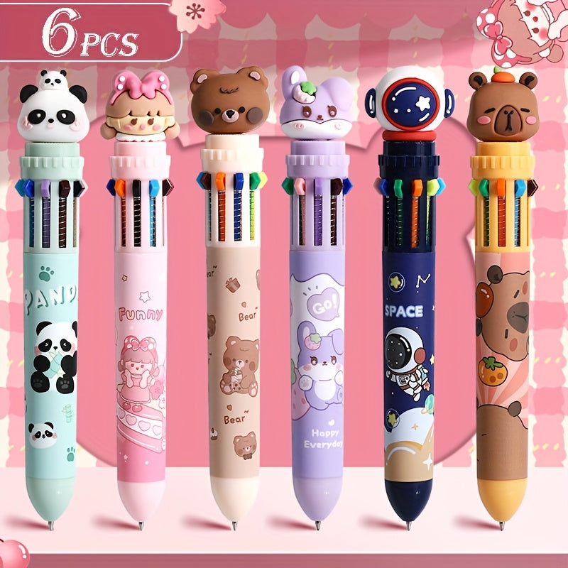 6-Pack Assorted Cute Animal Ballpoint Pens, Quick-Dry Ink