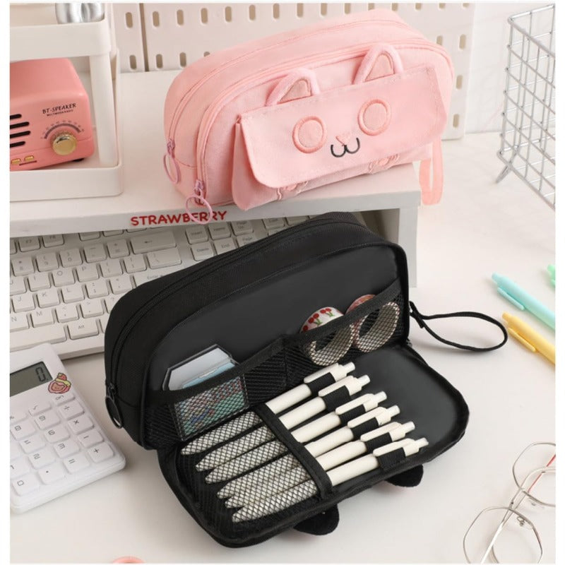 2025 Kitty Cat Pencil Pen Pouch 4Layers Extra Capacity Cosmetic Organizer Pen Brush Holder Mesh Pockets 4 Layers Pink