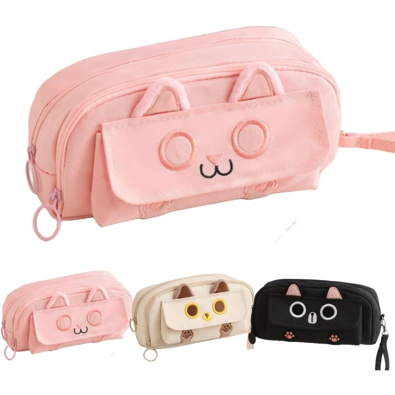 2025 Kitty Cat Pencil Pen Pouch 4Layers Extra Capacity Cosmetic Organizer Pen Brush Holder Mesh Pockets 4 Layers Pink