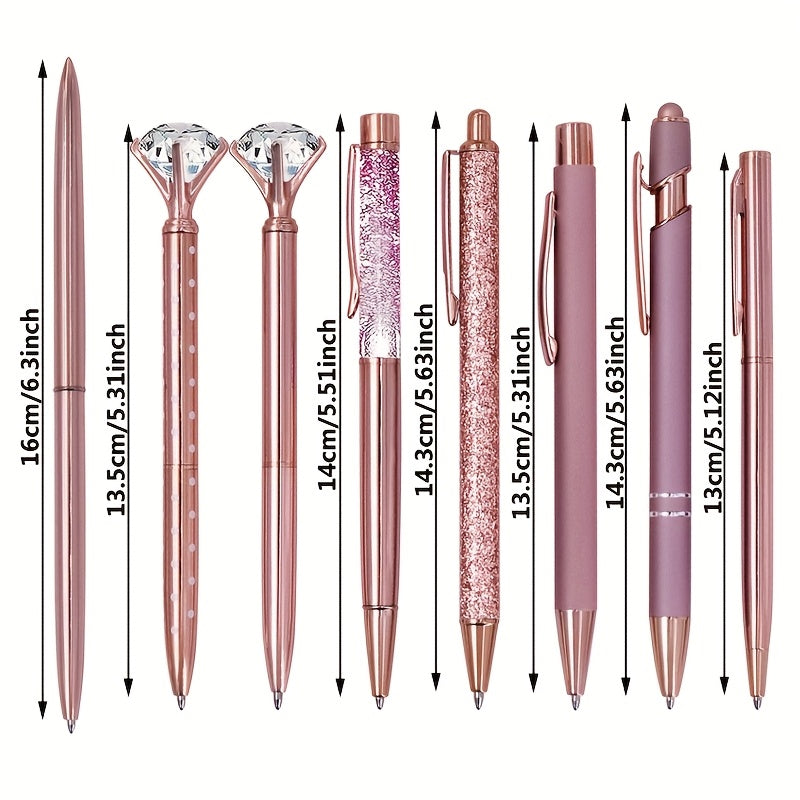 8pcs, 8pcs Rose Golden Metal Pen Set - Fashionable Metal Pens with Crystal Color Decoration