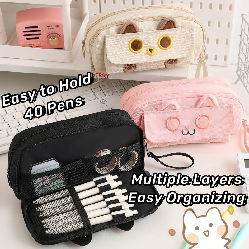 2025 Kitty Cat Pencil Pen Pouch 4Layers Extra Capacity Cosmetic Organizer Pen Brush Holder Mesh Pockets 4 Layers Pink