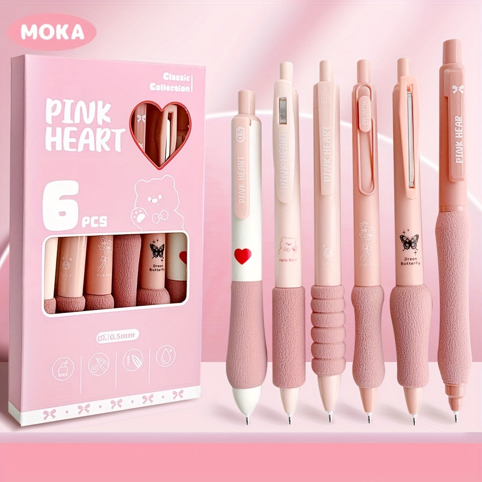 6-Pack Dopamine Soft Grip Relax New Year Gift Click Pen for Students, 0.5mm Black Ballpoint Pens