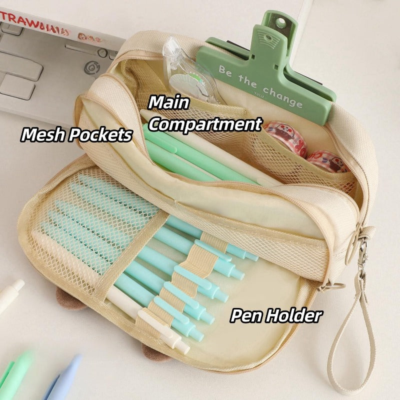 2025 Kitty Cat Pencil Pen Pouch 4Layers Extra Capacity Cosmetic Organizer Pen Brush Holder Mesh Pockets 4 Layers Pink