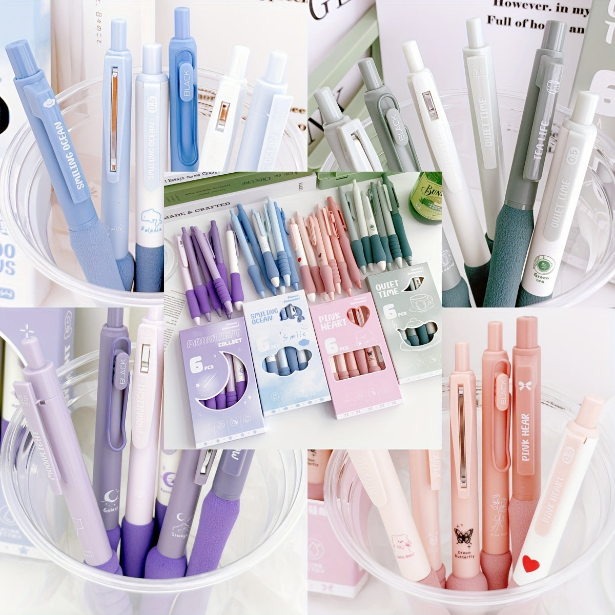 6-Pack Dopamine Soft Grip Relax New Year Gift Click Pen for Students, 0.5mm Black Ballpoint Pens