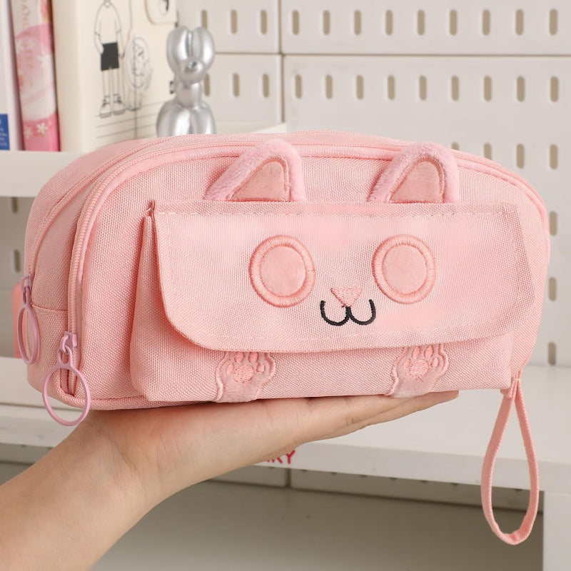 2025 Kitty Cat Pencil Pen Pouch 4Layers Extra Capacity Cosmetic Organizer Pen Brush Holder Mesh Pockets 4 Layers Pink