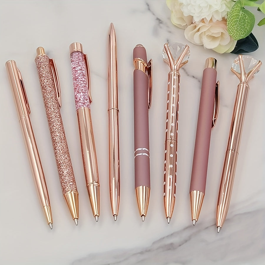 8pcs, 8pcs Rose Golden Metal Pen Set - Fashionable Metal Pens with Crystal Color Decoration